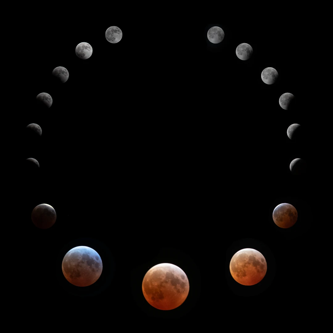 Composite photo made from 17 images of the lunar eclipse of March 14, 2025, NASA’s Glenn Research Center Sandusky, Ohio.
