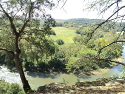 A view of Mound Bottom from the bluffs across the river. The platform mound is at upper center of the photo.